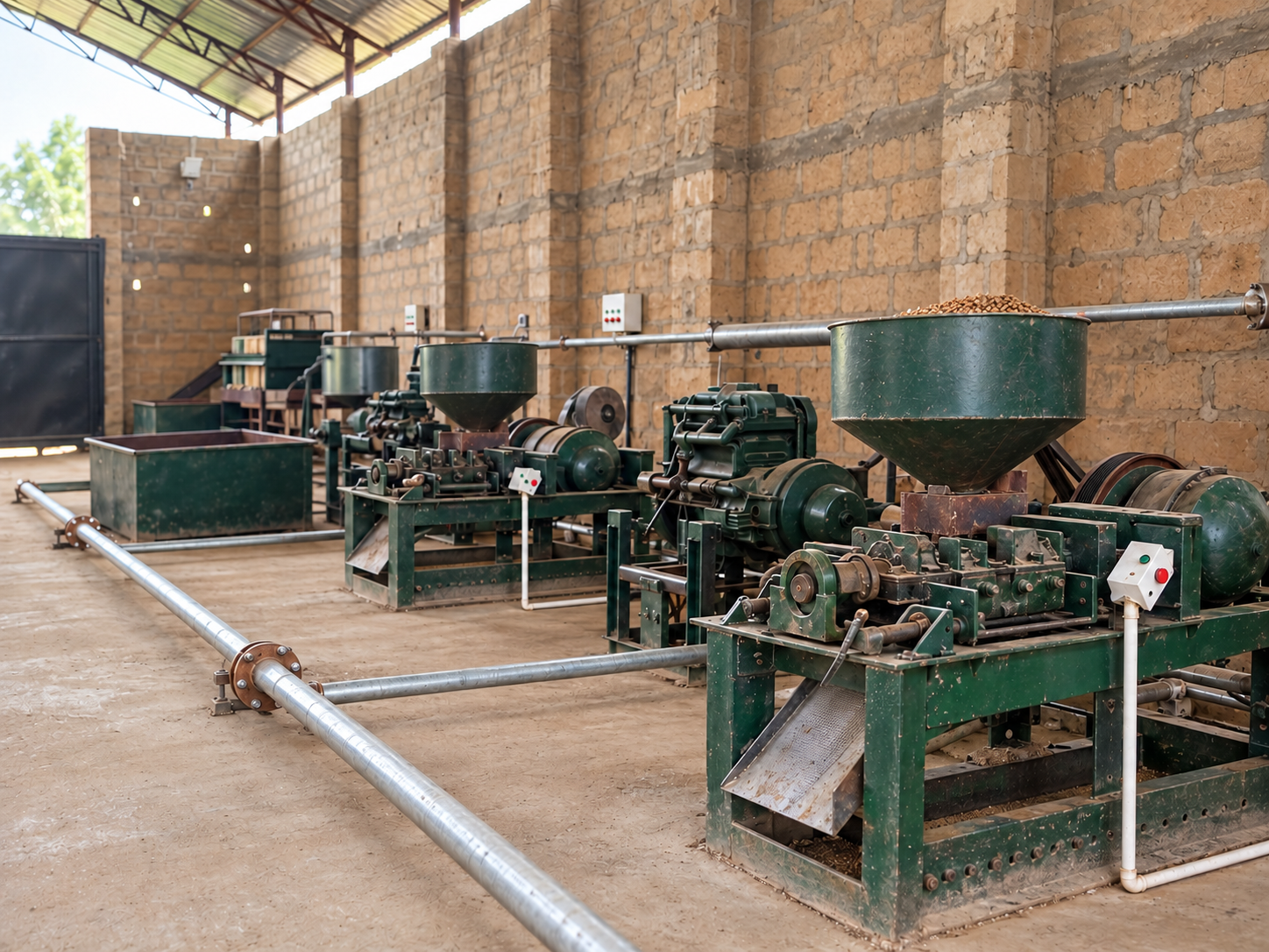 Illustrative Palm Kernel Oil processing equipment visual based on ADUWAOSA’s current machinery and facility layout.